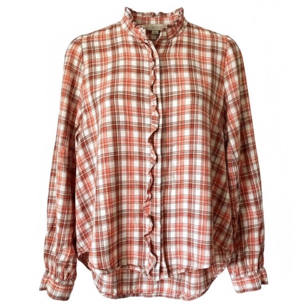 LOFT Linen Blend Orange Plaid Button Up Shirt Ruffle Long Sleeve Size Medium